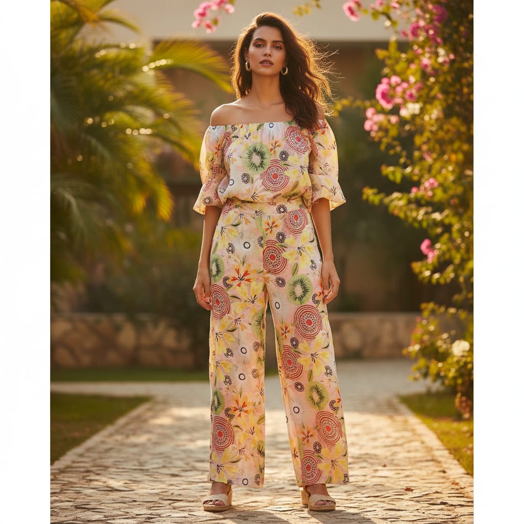 Peach & Green Bohemian Abstract Floral Chinon Fabric