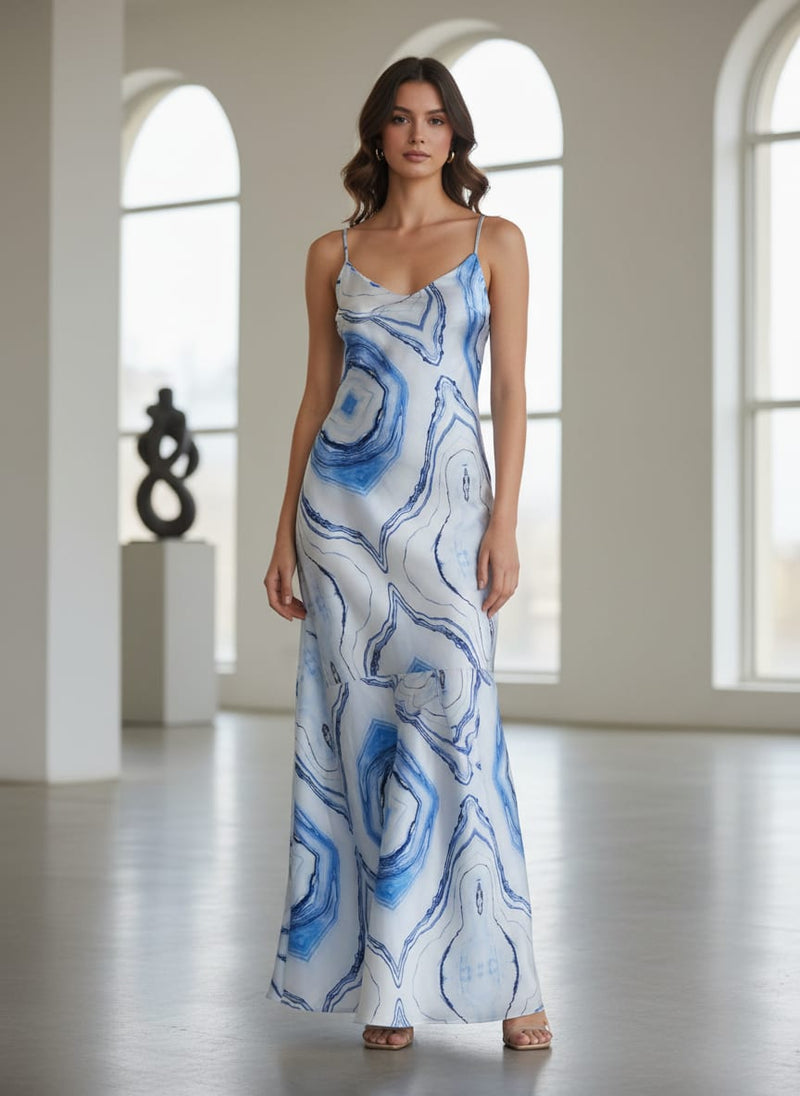 Blue and White Agate Abstract Print Japan Satin Fabric
