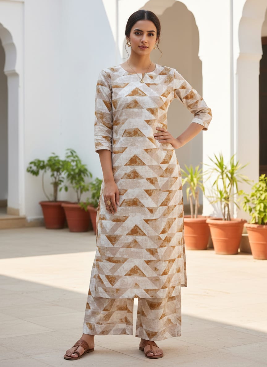 Cream Geometric Brushstroke Linen Digital Printed Fabric