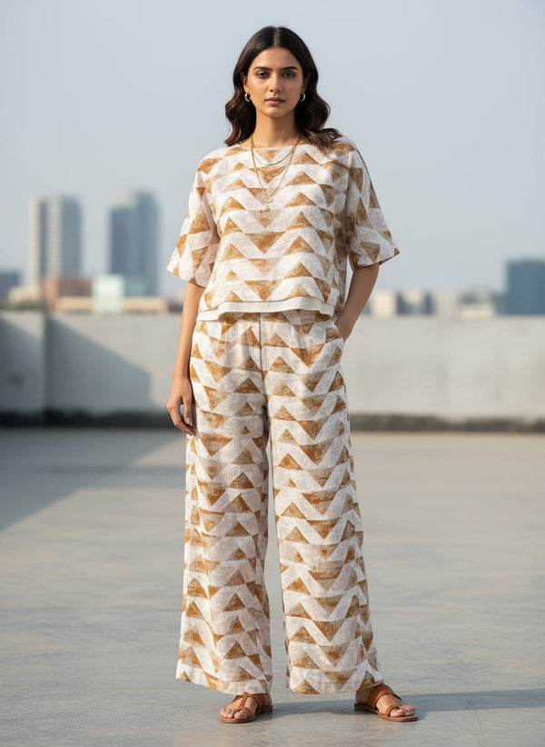 Cream Geometric Brushstroke Linen Digital Printed Fabric - Co-ord Set with Wide Leg Pants Lookbook - POLI-0-PA10509-110 - alternate view