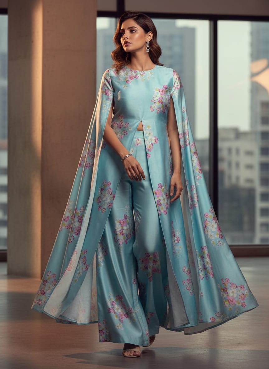 Sky Blue & Pink Blossom Printed Japan Satin Fabric