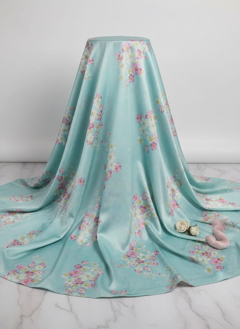 Sky Blue & Pink Blossom Printed Japan Satin Fabric