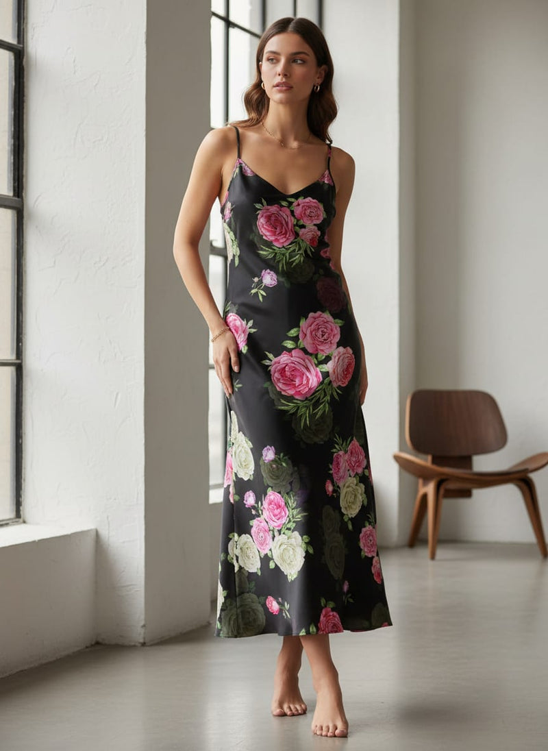 Black & Pink Rose Floral Printed Japan Satin Fabric