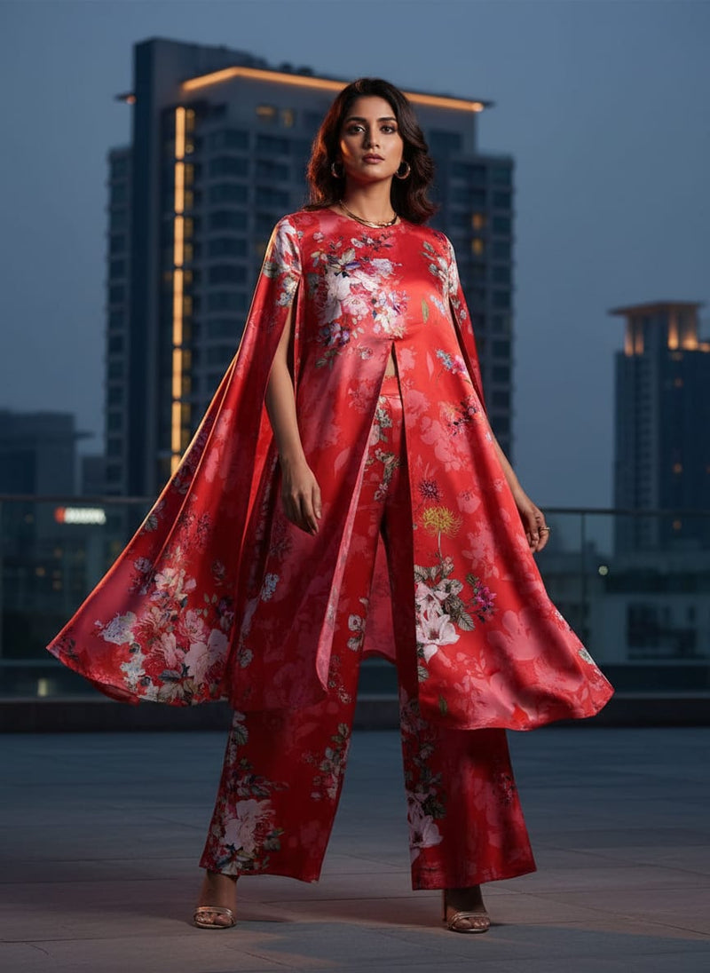 Vibrant Red & Pink Floral Printed Japan Satin Fabric
