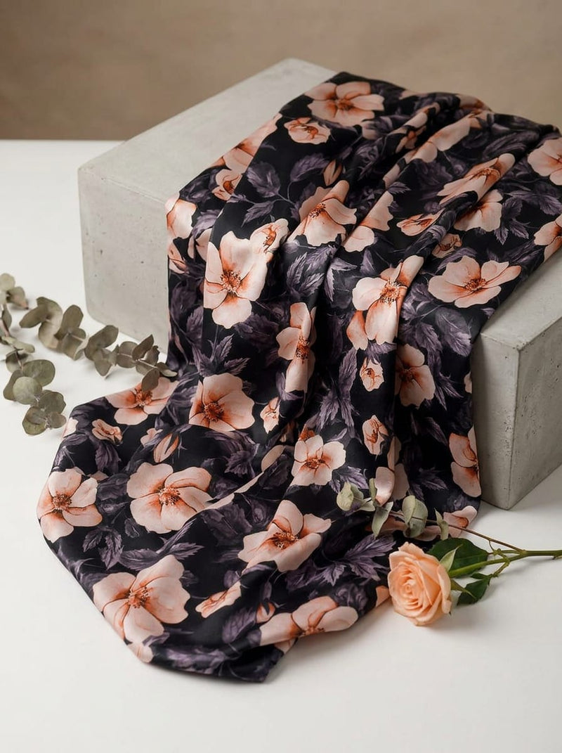 Black Peach Anemone Floral Japan Satin Digital Printed Fabric