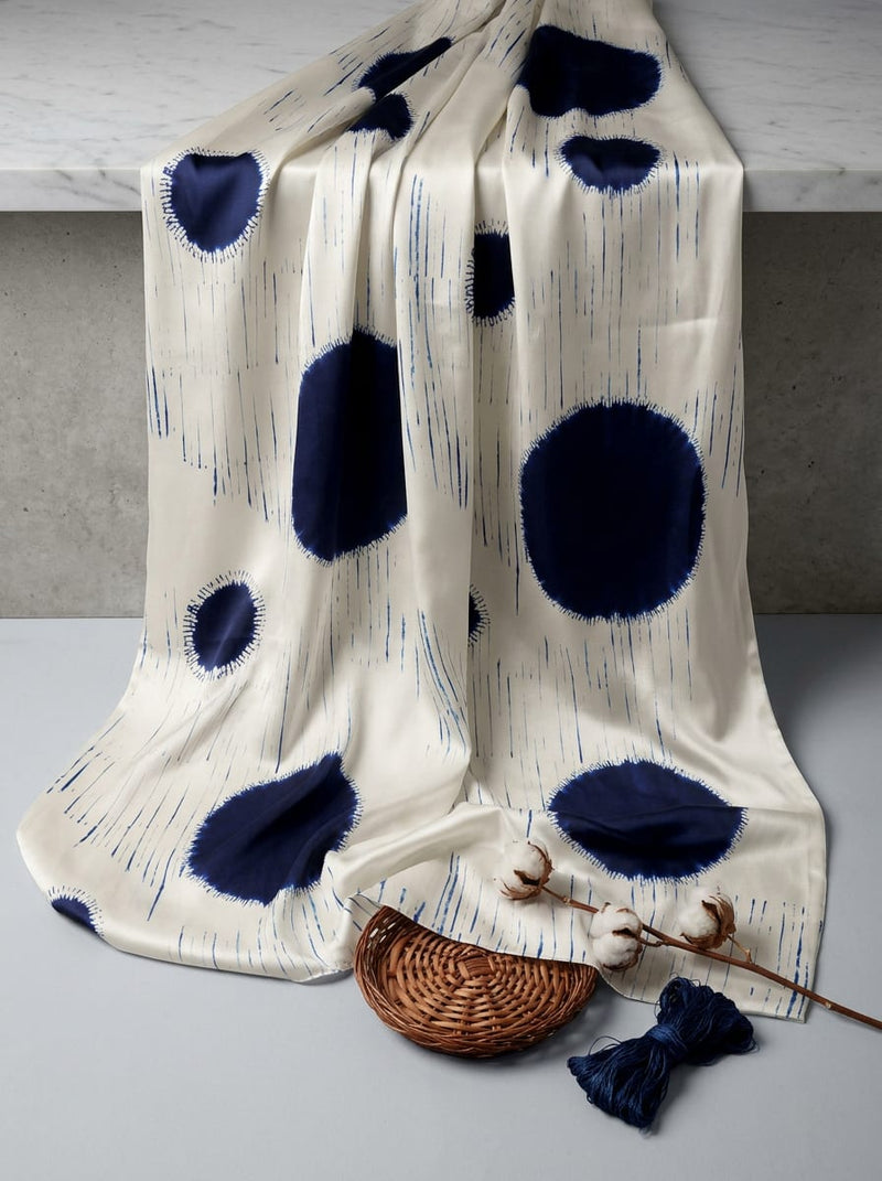 White Abstract Tie-Dye Inspired Dots Japan Satin Digital Printed Fabric