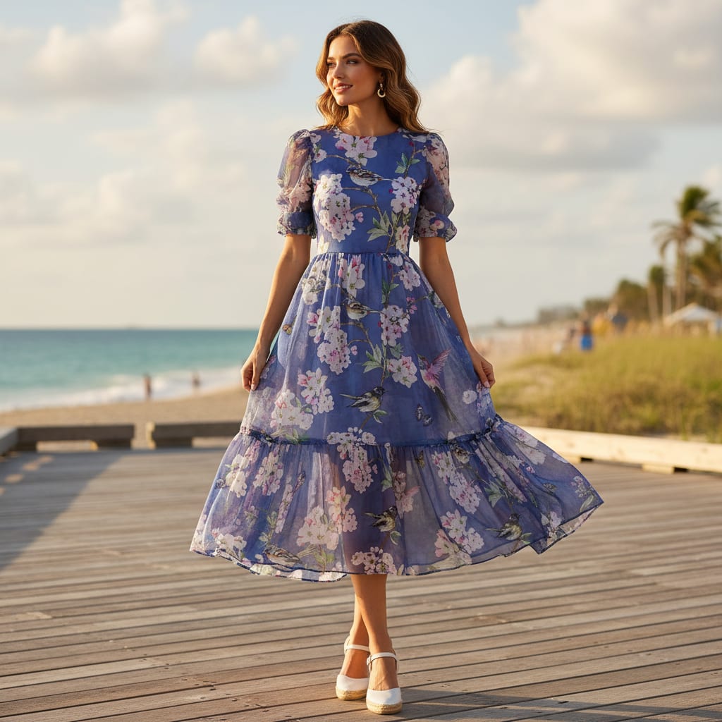 Blue Birds & Cherry Blossom Print Sheer Organza Fabric