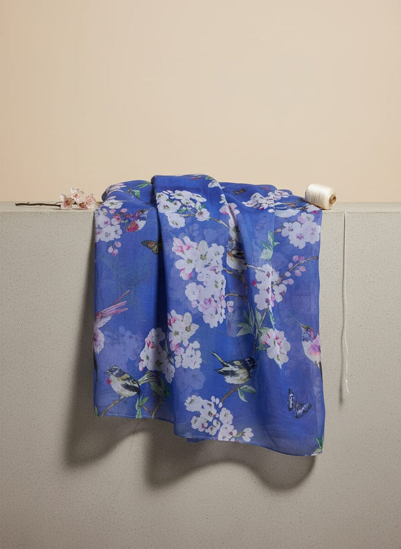 Blue Birds & Cherry Blossom Print Sheer Organza Fabric