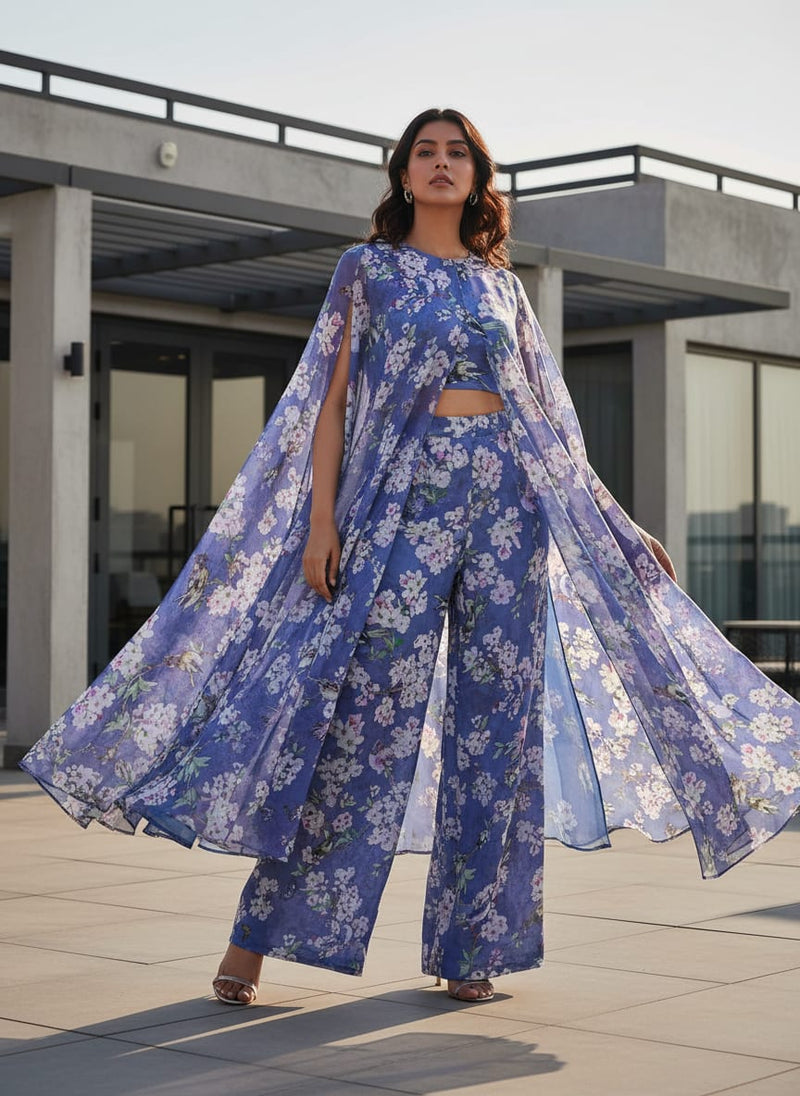 Blue Birds & Cherry Blossom Print Sheer Organza Fabric