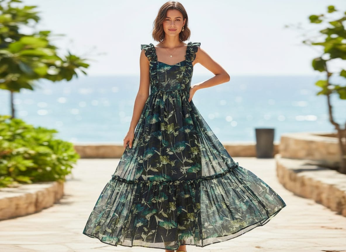 Navy Blue & Green Abstract Botanical Organza Fabric