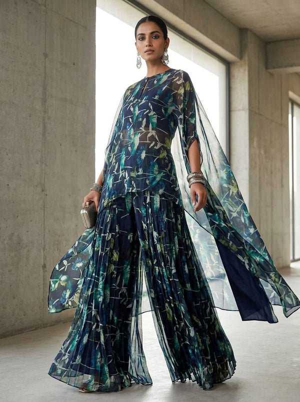 Multicolor Abstract Botanical Floral Organza Digital Printed Fabric - Cape with Palazzo Lookbook - OR-0-TA0066-110 - alternate view