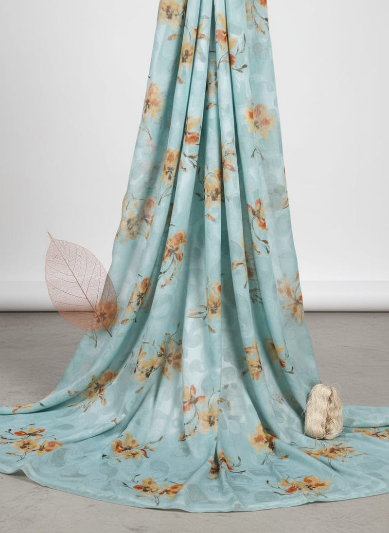 Light Blue and Orange Floral Paisley Print Brasso Fabric