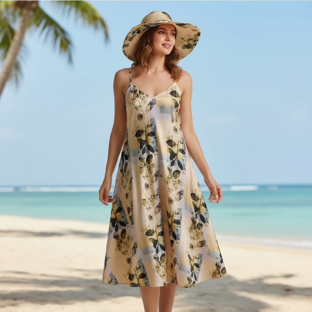 Artistic Leaf Print on Cream & Grey Japan Satin Fabric