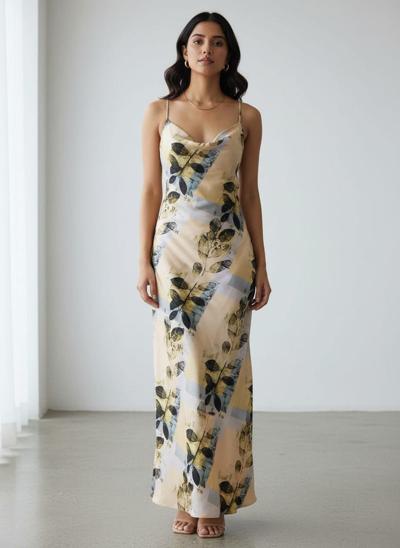 Artistic Leaf Print on Cream & Grey Japan Satin Fabric