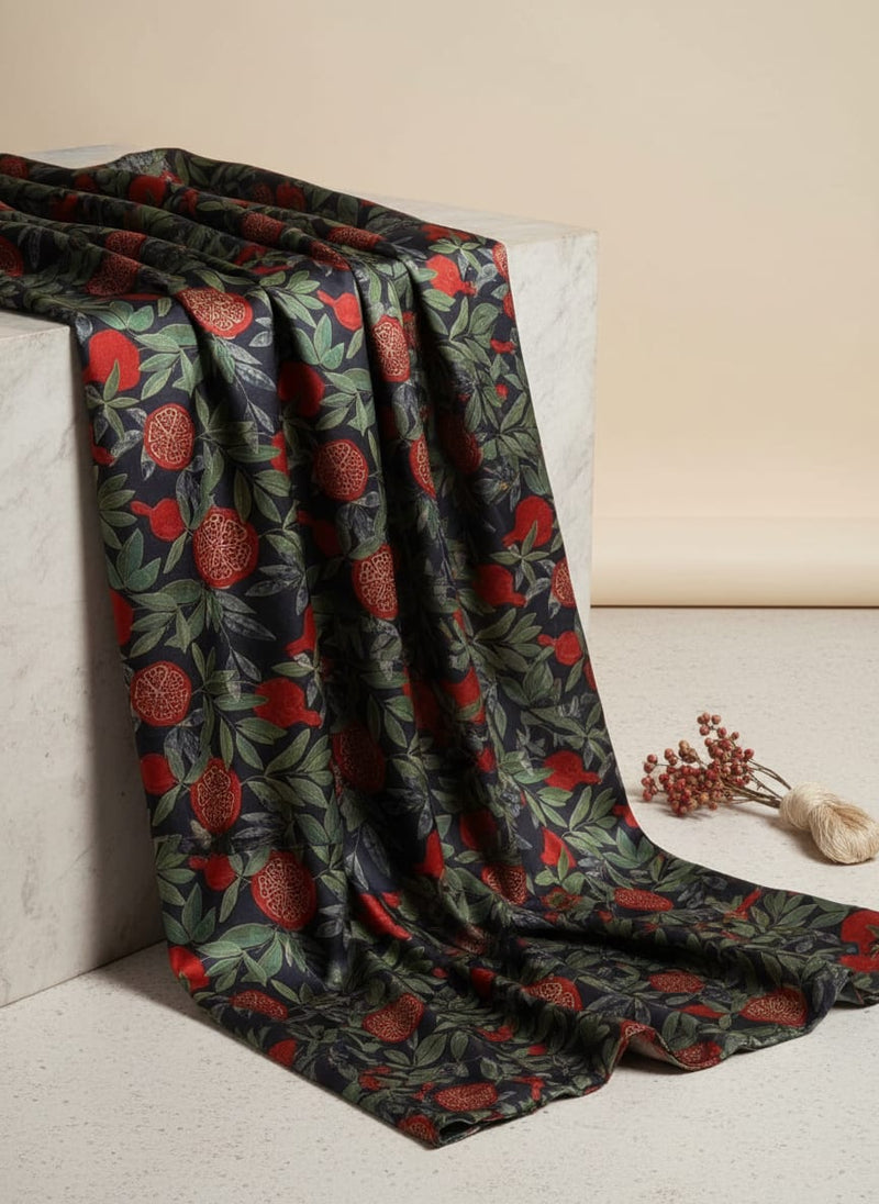 Navy Blue Pomegranate Fruit Print Japan Satin Fabric