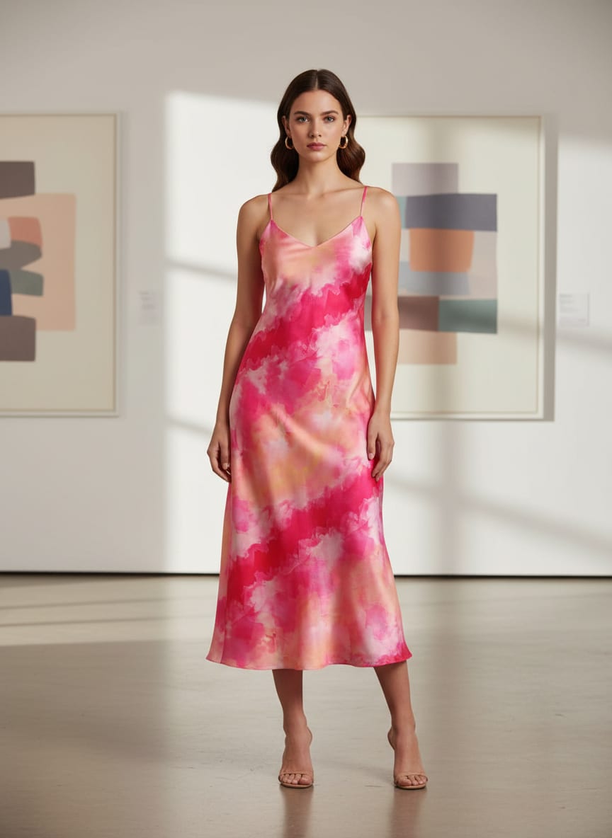 Fuchsia Pink Tie and Dye Abstract Japan Satin Fabric