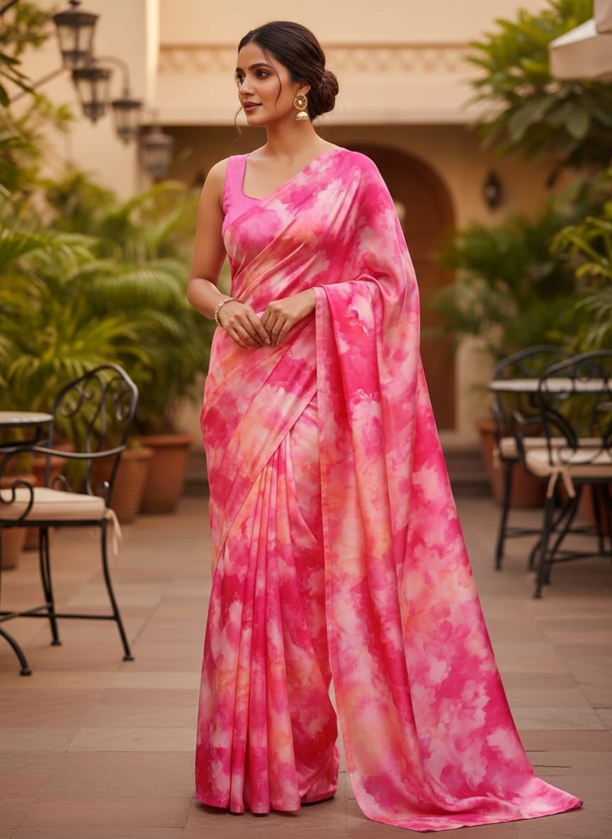 Fuchsia Pink Tie and Dye Abstract Japan Satin Fabric