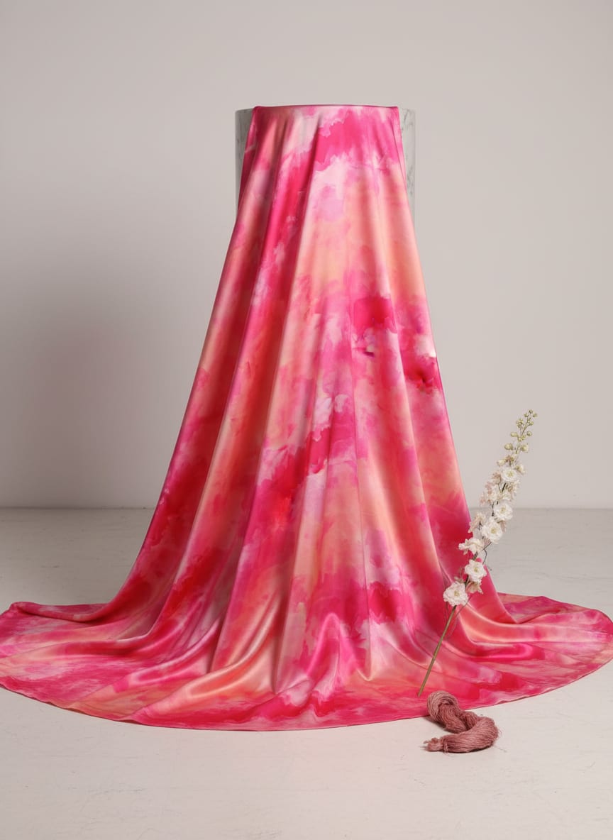Fuchsia Pink Tie and Dye Abstract Japan Satin Fabric