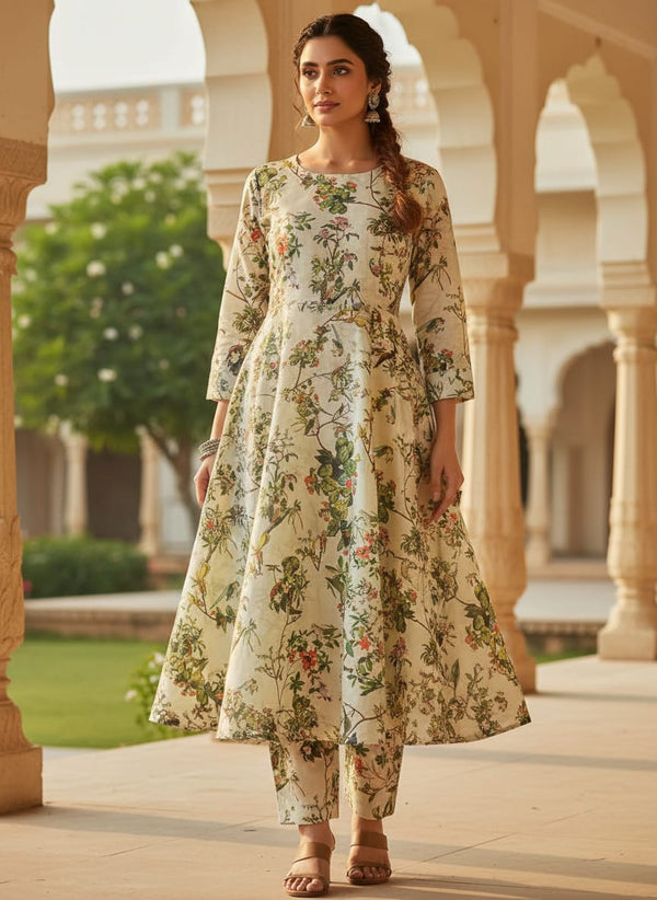Exotic Birds & Botanical Garden Tusser Silk Fabric - A-Line Kurta with Salwar Lookbook - TS-0-TA0318-110 - alternate view