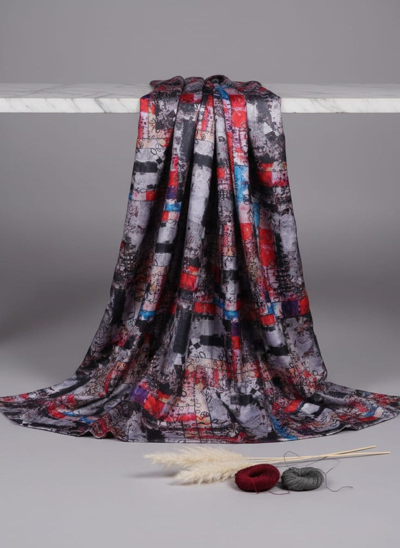 Artistic Brushstroke & Checkered Japan Satin Fabric