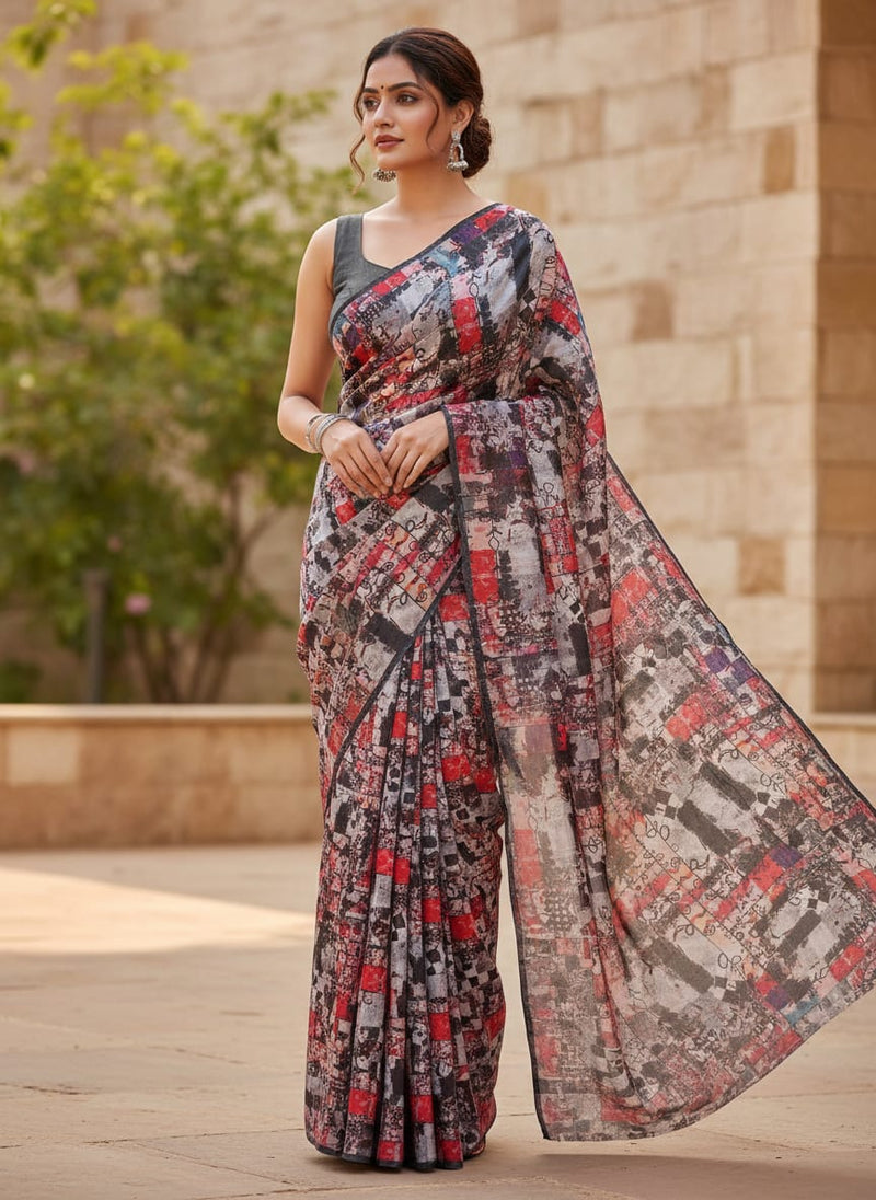 Artistic Brushstroke & Checkered Japan Satin Fabric