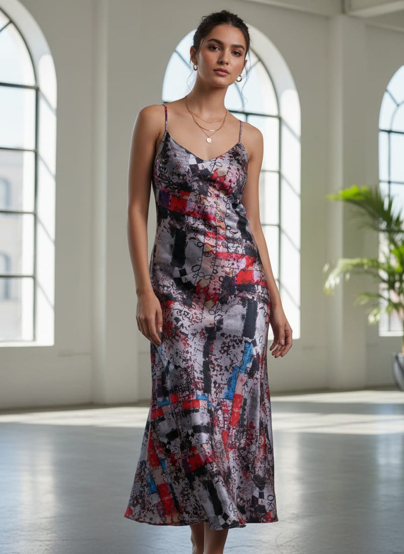 Artistic Brushstroke & Checkered Japan Satin Fabric