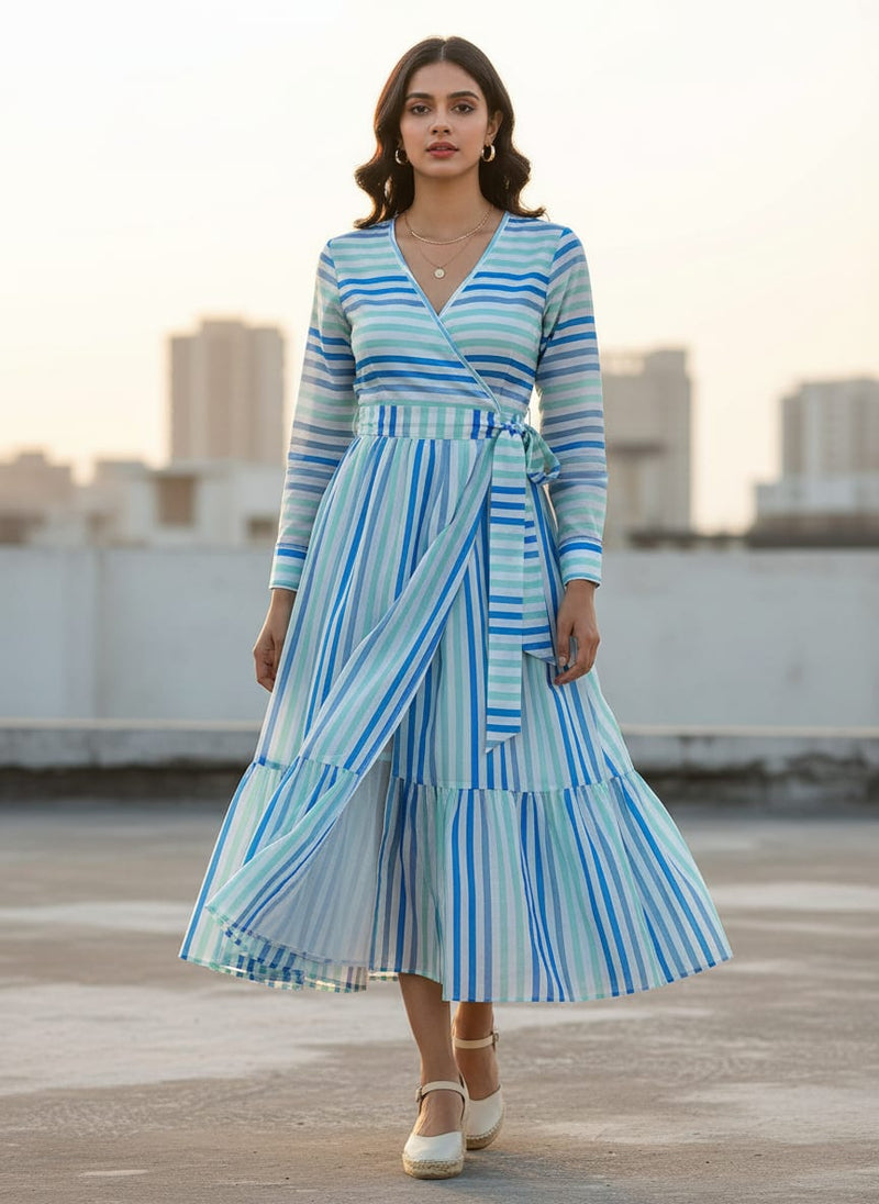 Blue & Sea Green Striped Tusser Silk Fabric for Kurtas