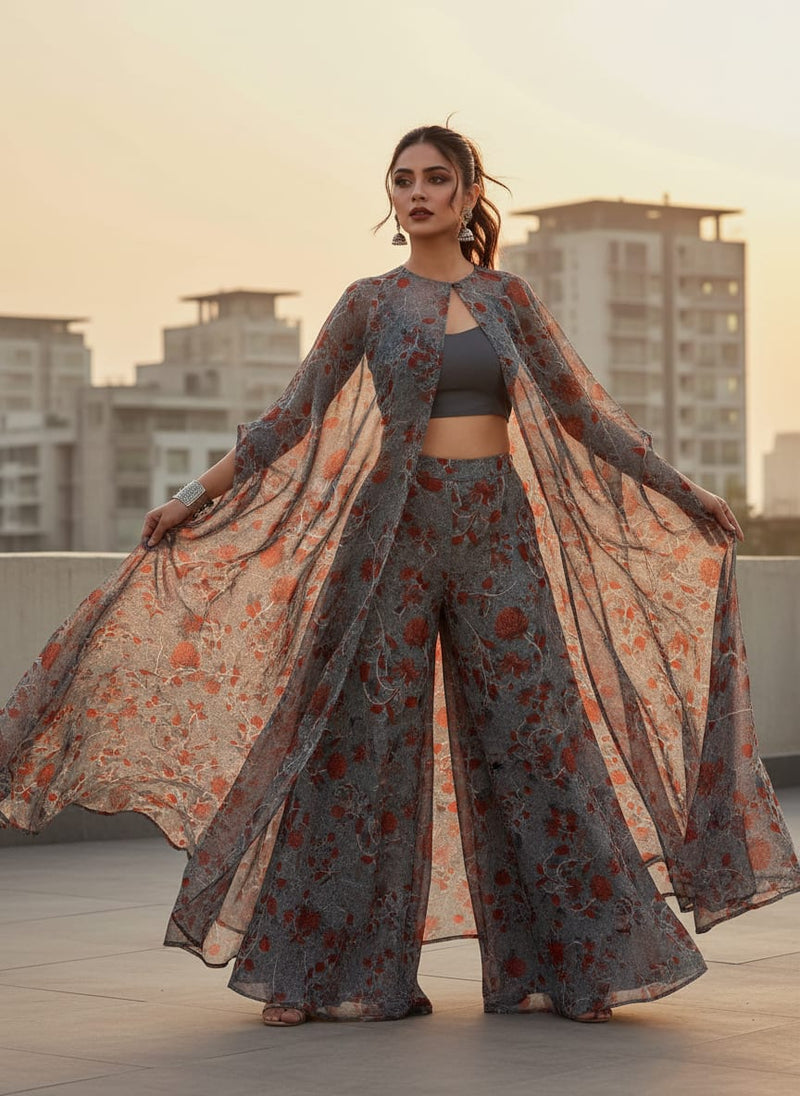 Steel Grey & Rust Red Floral Vine Organza Fabric