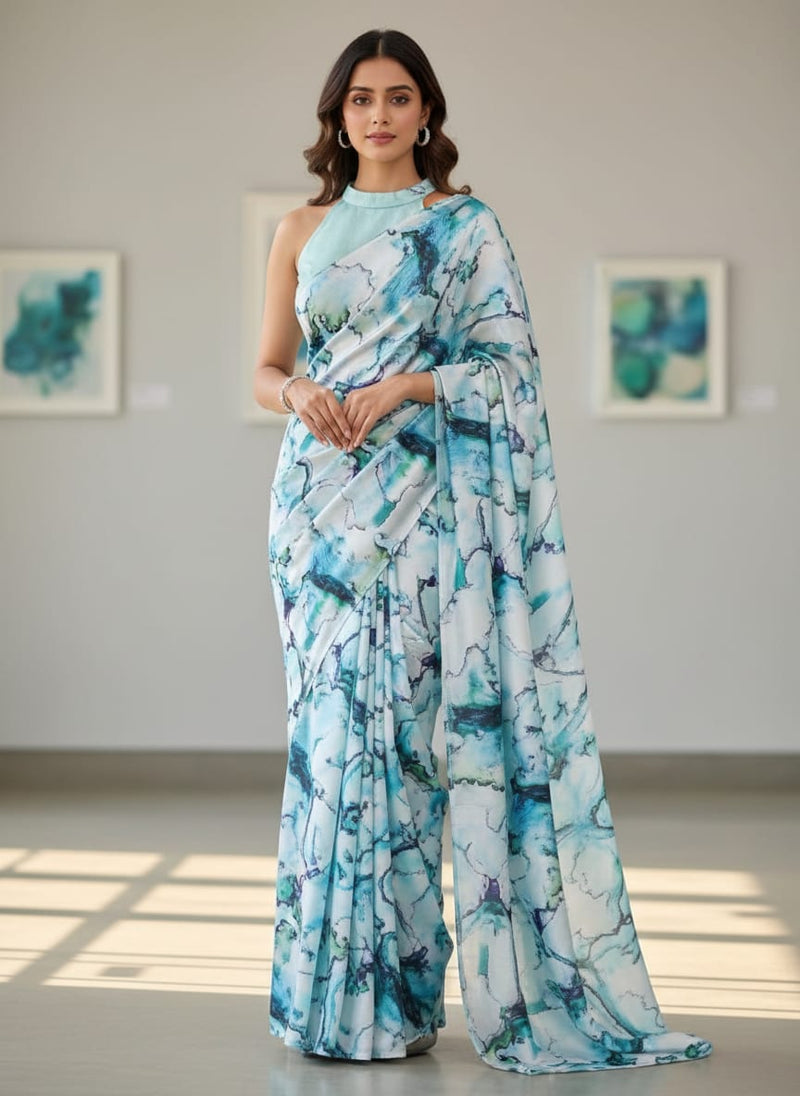 Blue & Green Abstract Marble Print Japan Satin Fabric