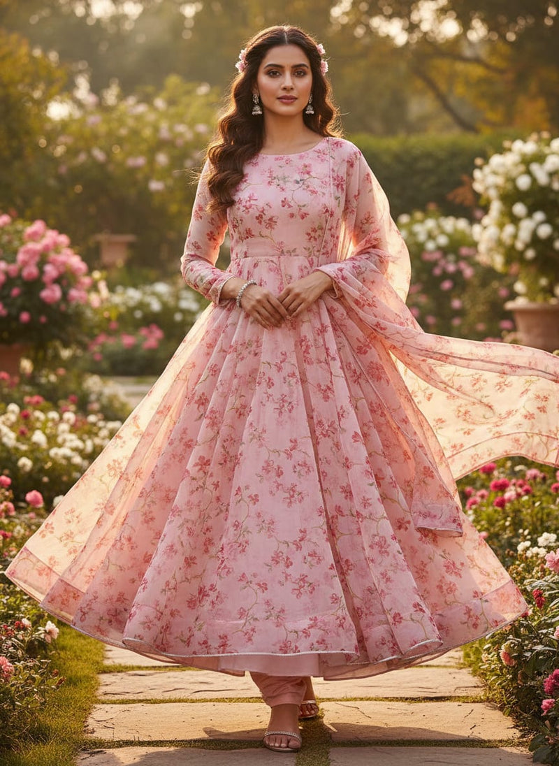 Pink Cherry Blossom Floral Printed Organza Fabric