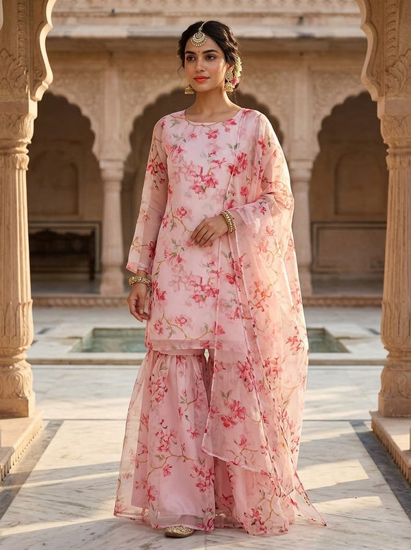Pink Watercolour Cherry Blossom Floral Organza Digital Printed Fabric - Gharara Set Lookbook - OR-0-MA015381-110 - alternate view
