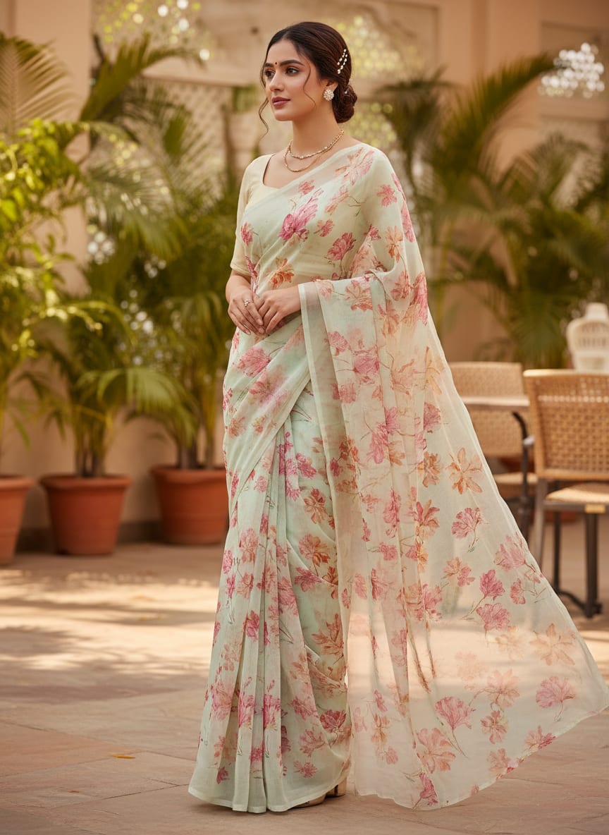Pastel Green & Pink Floral Watercolour Organza Fabric