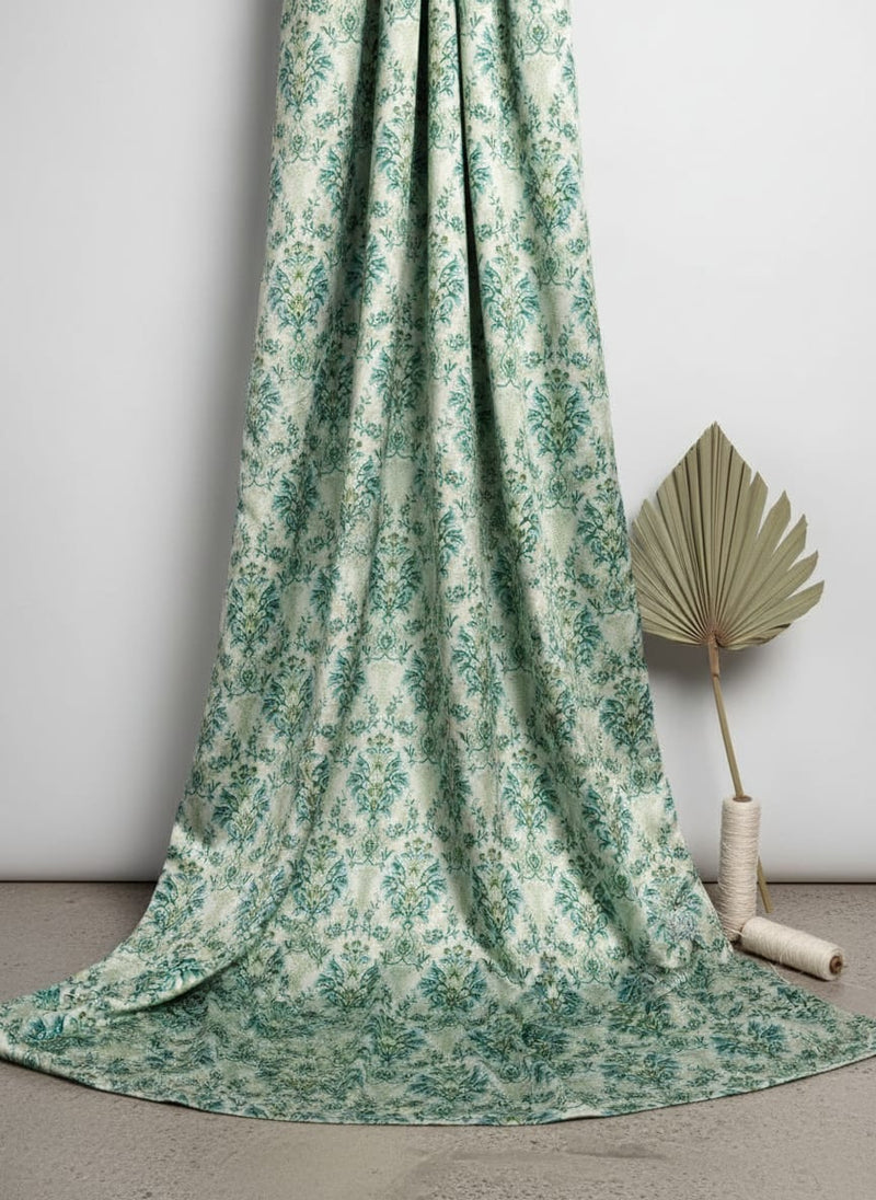 Teal and Green Damask Floral Printed Japan Satin Fabric