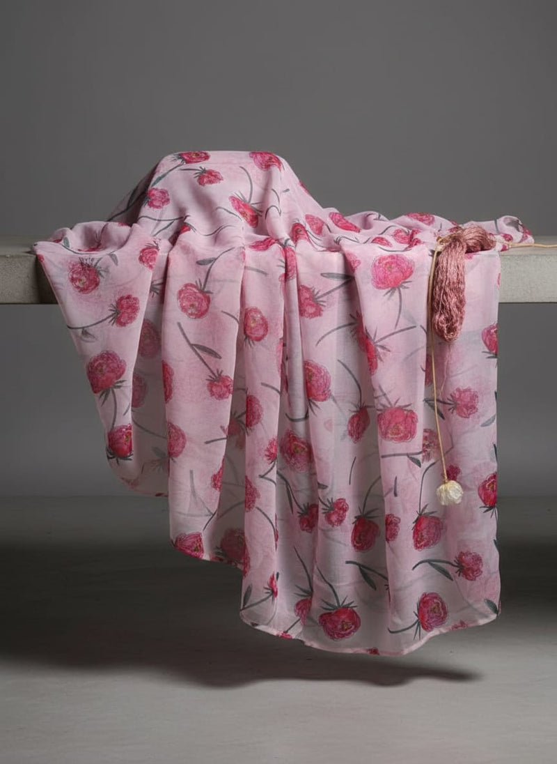 Pink Peony Floral Watercolour Print Organza Fabric
