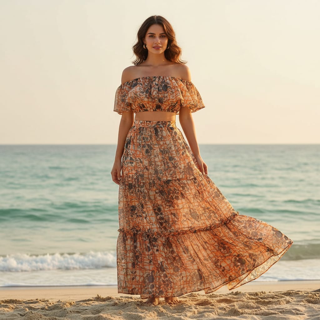 Orange Checkered & Floral Chain Print Organza Fabric