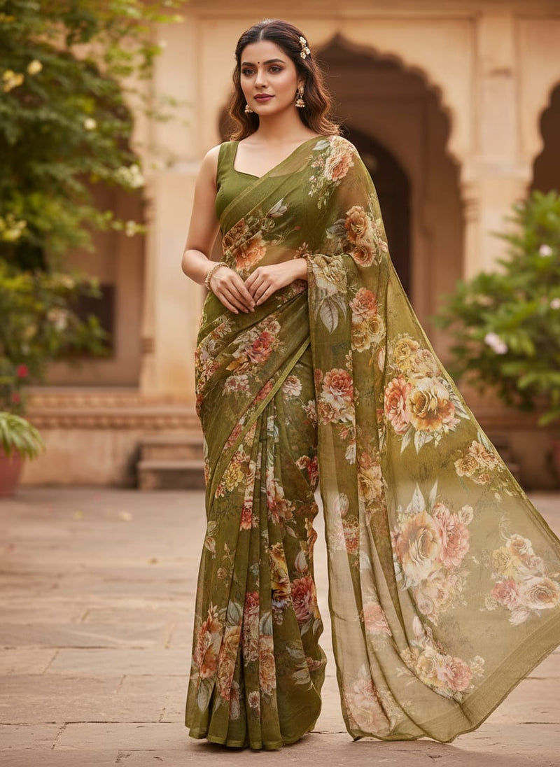 Olive Green Vintage Floral Print Sheer Organza Fabric - Saree Lookbook - OR-0-TA07071-110