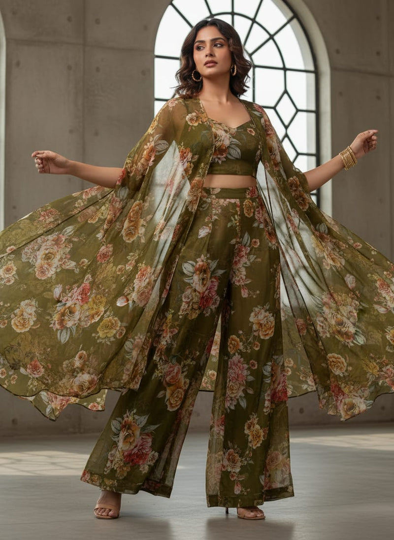 Olive Green Vintage Floral Print Sheer Organza Fabric - Cape with Palazzo Lookbook - OR-0-TA07071-110