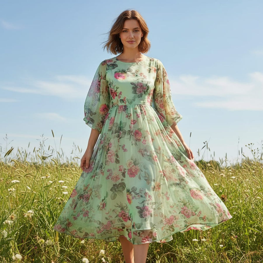Buy Sea Green Floral Print Organza Fabric | FAB VOGUE Studio