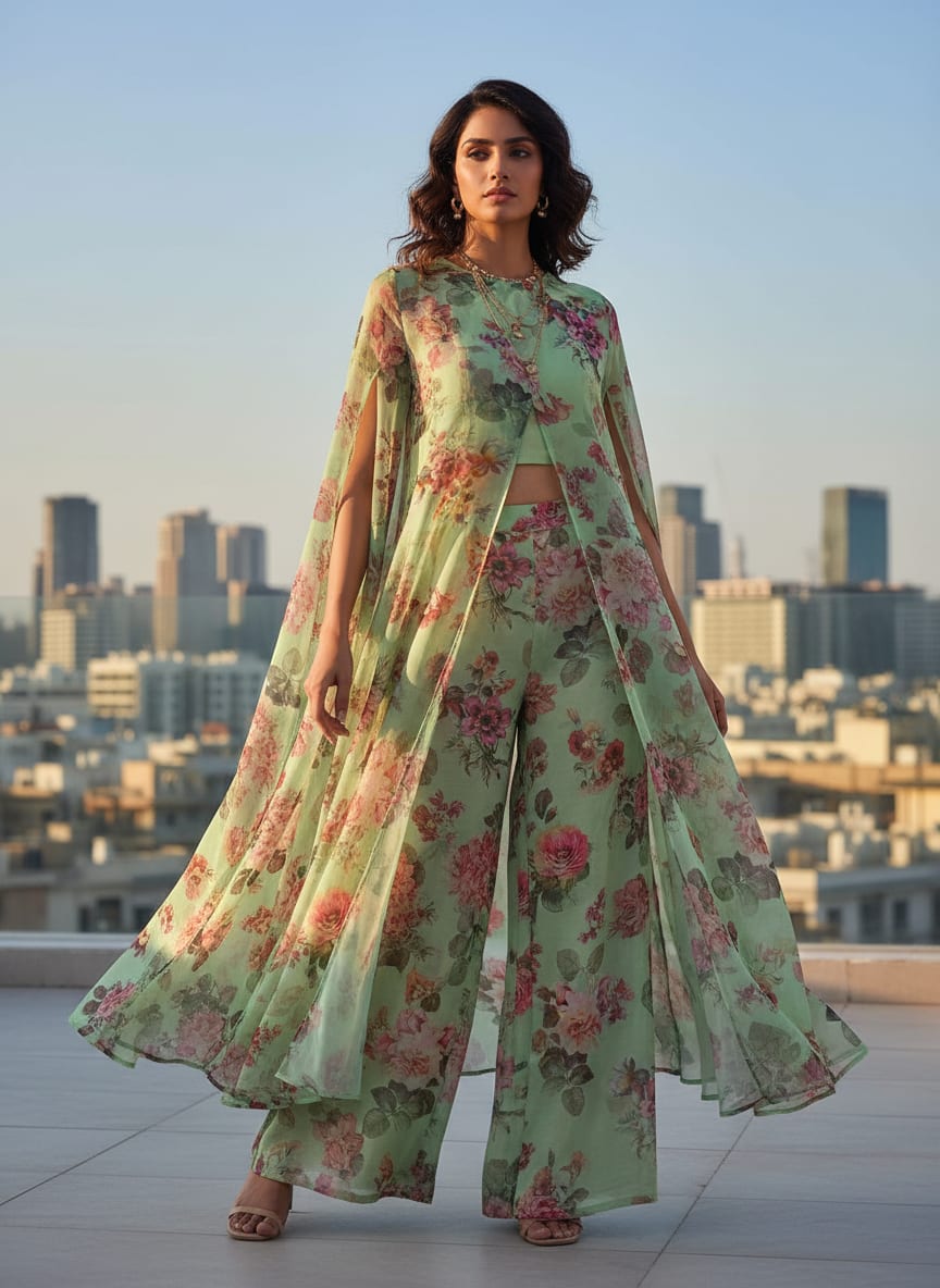 Pistachio Green Vintage Floral Organza Fabric for Dresses