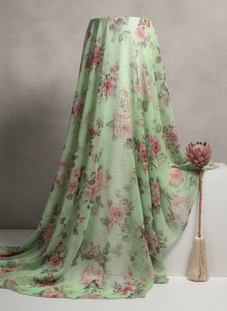 Pistachio Green Vintage Floral Organza Fabric for Dresses