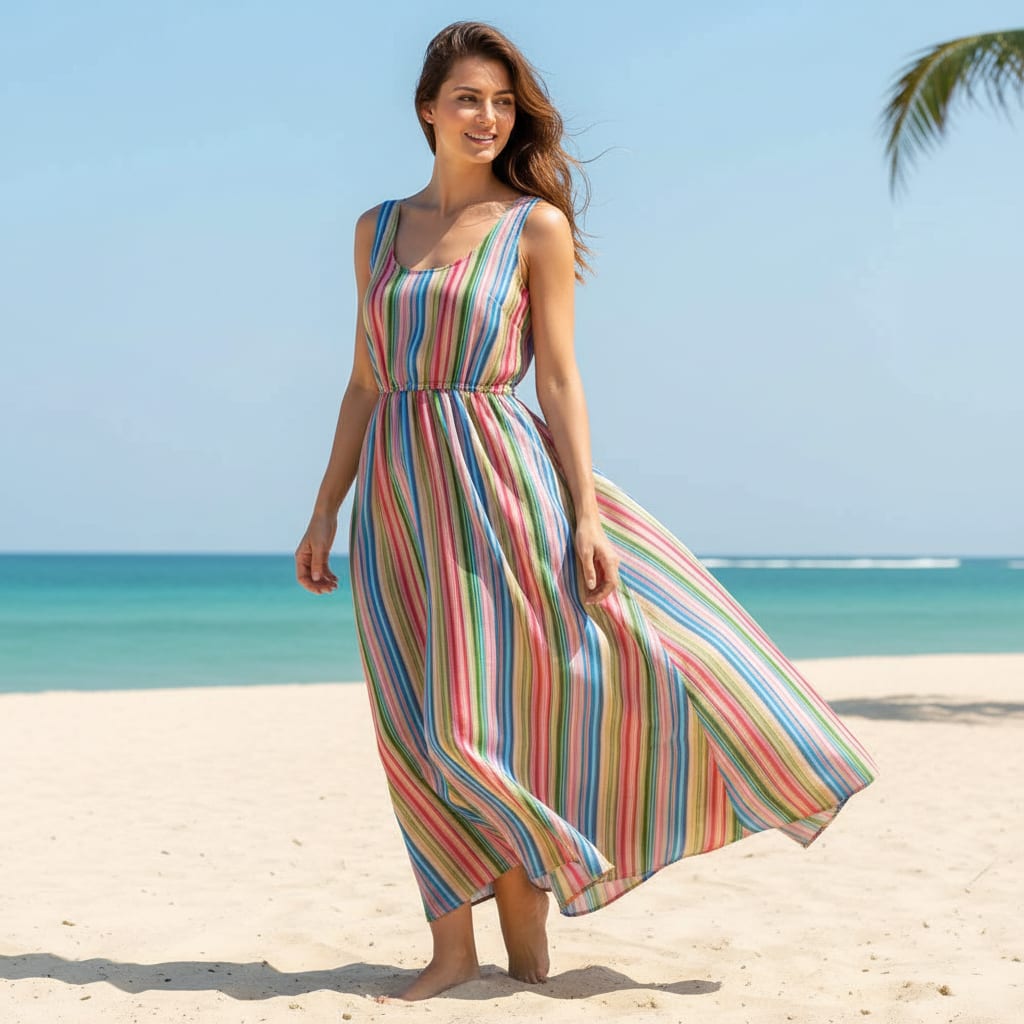 Multi-Coloured Striped Tusser Silk Fabric for Kurtis