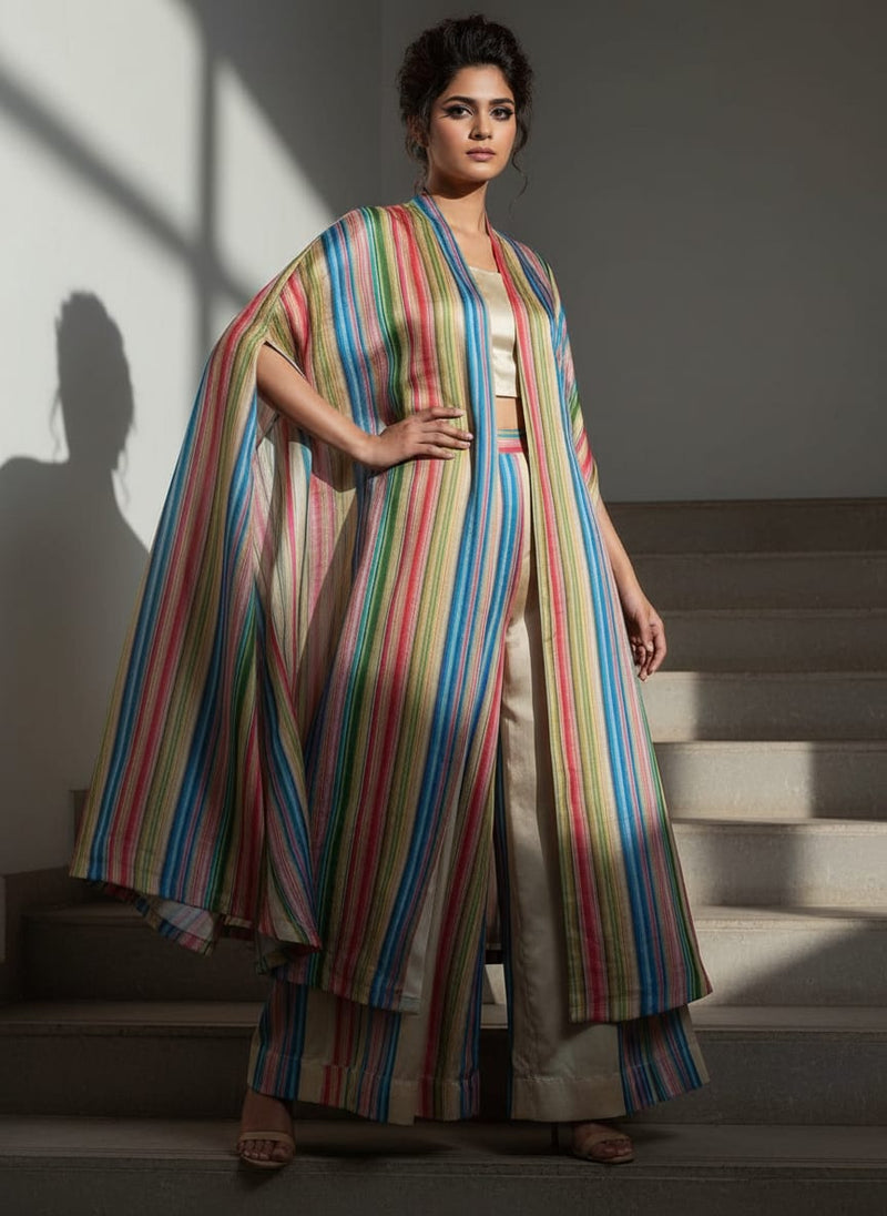 Multi-Coloured Striped Tusser Silk Fabric for Kurtis