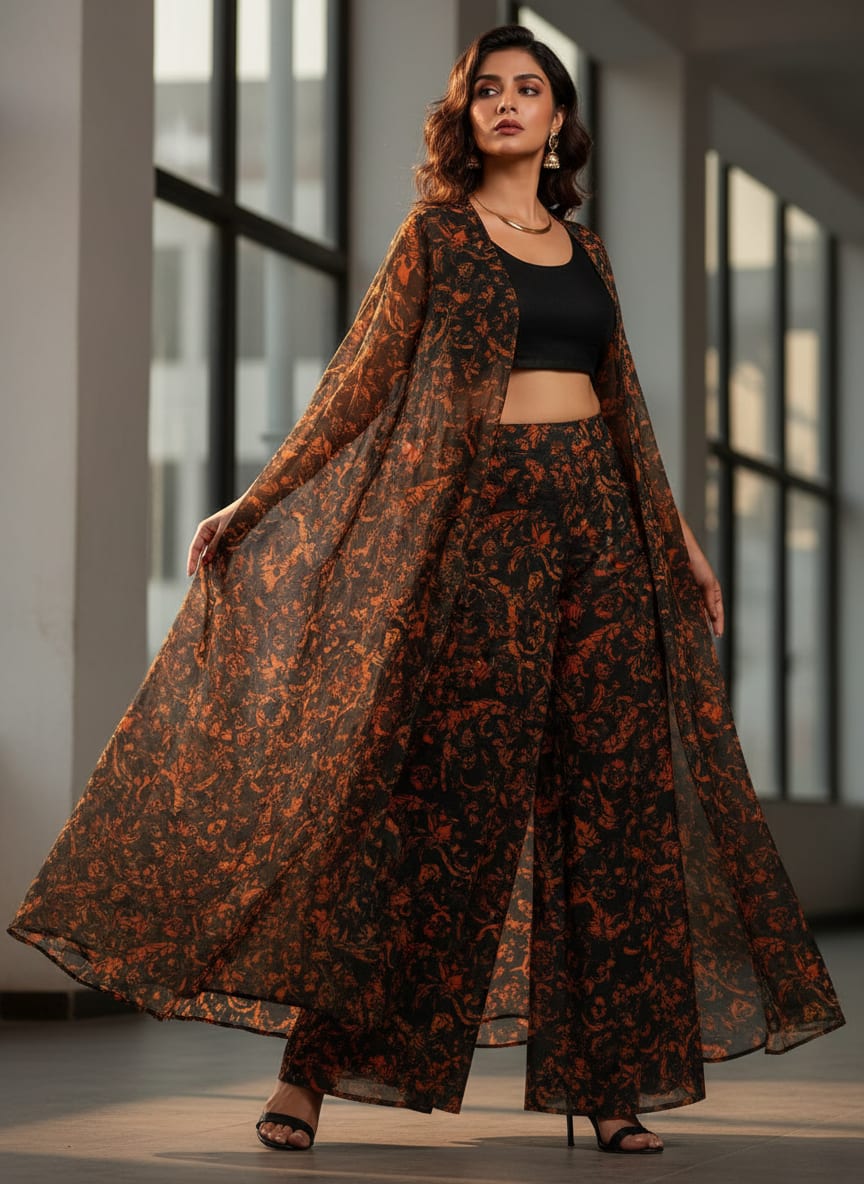 Black & Orange Baroque Damask Pattern Organza Fabric