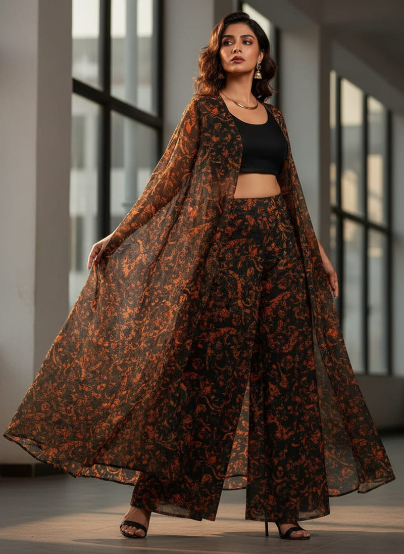 Black & Orange Baroque Damask Pattern Organza Fabric