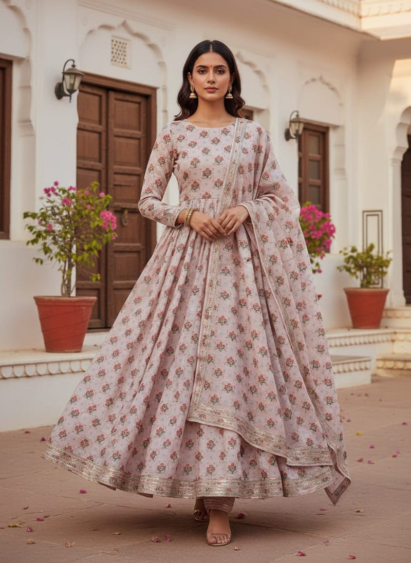 Vintage Floral Bouquet Print on Pink Tusser Silk Fabric - Anarkali Kurta Set Lookbook - TS-0-TA05887-110