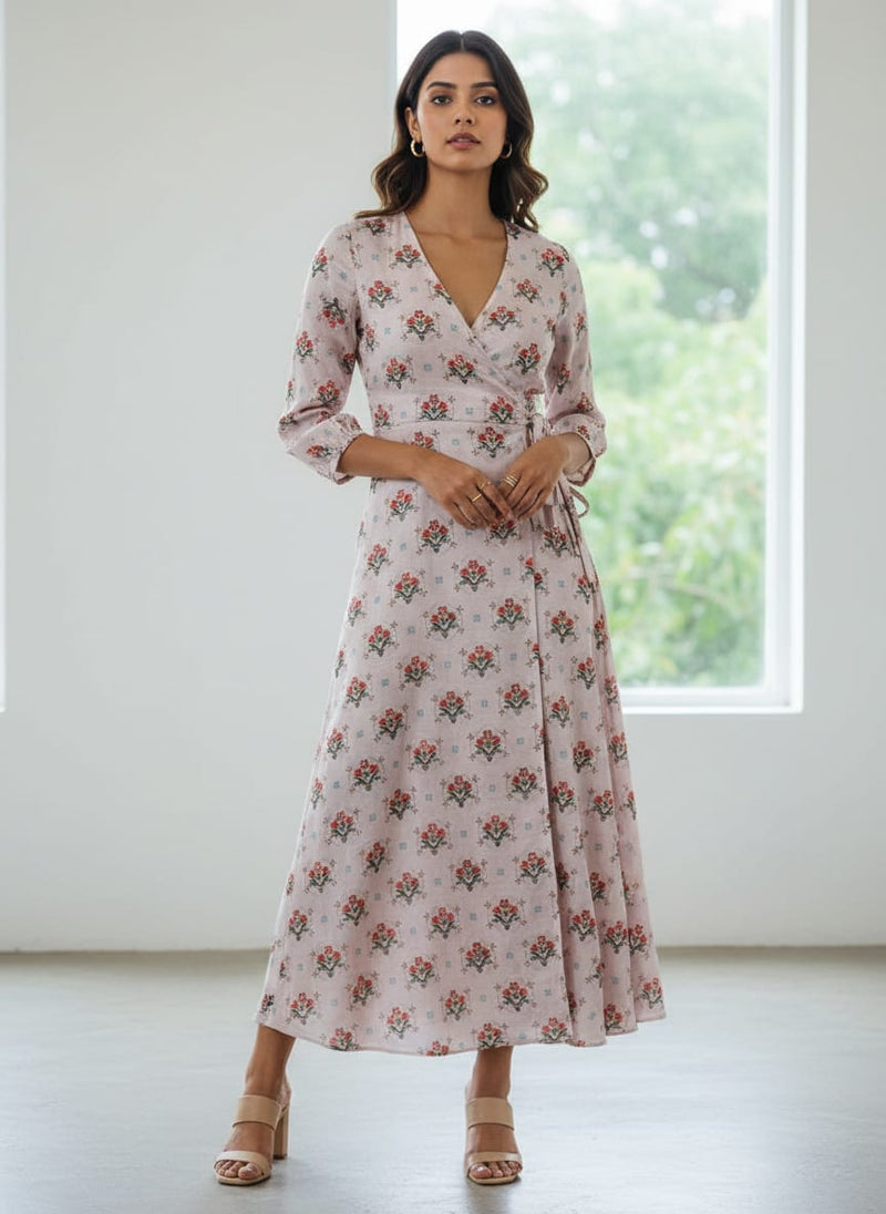 Vintage Floral Bouquet Print on Pink Tusser Silk Fabric - Wrap Dress Lookbook - TS-0-TA05887-110