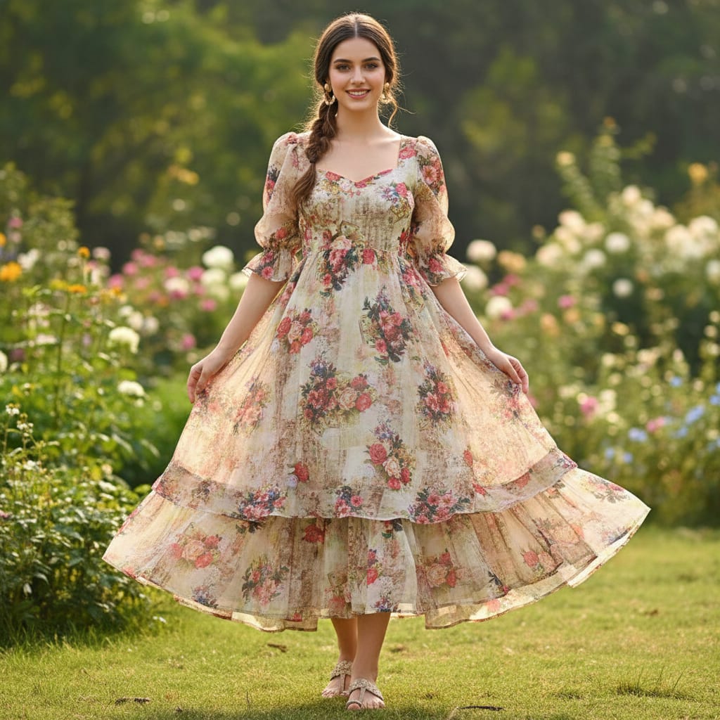 Vintage Floral Bouquet Print on Cream Organza Fabric