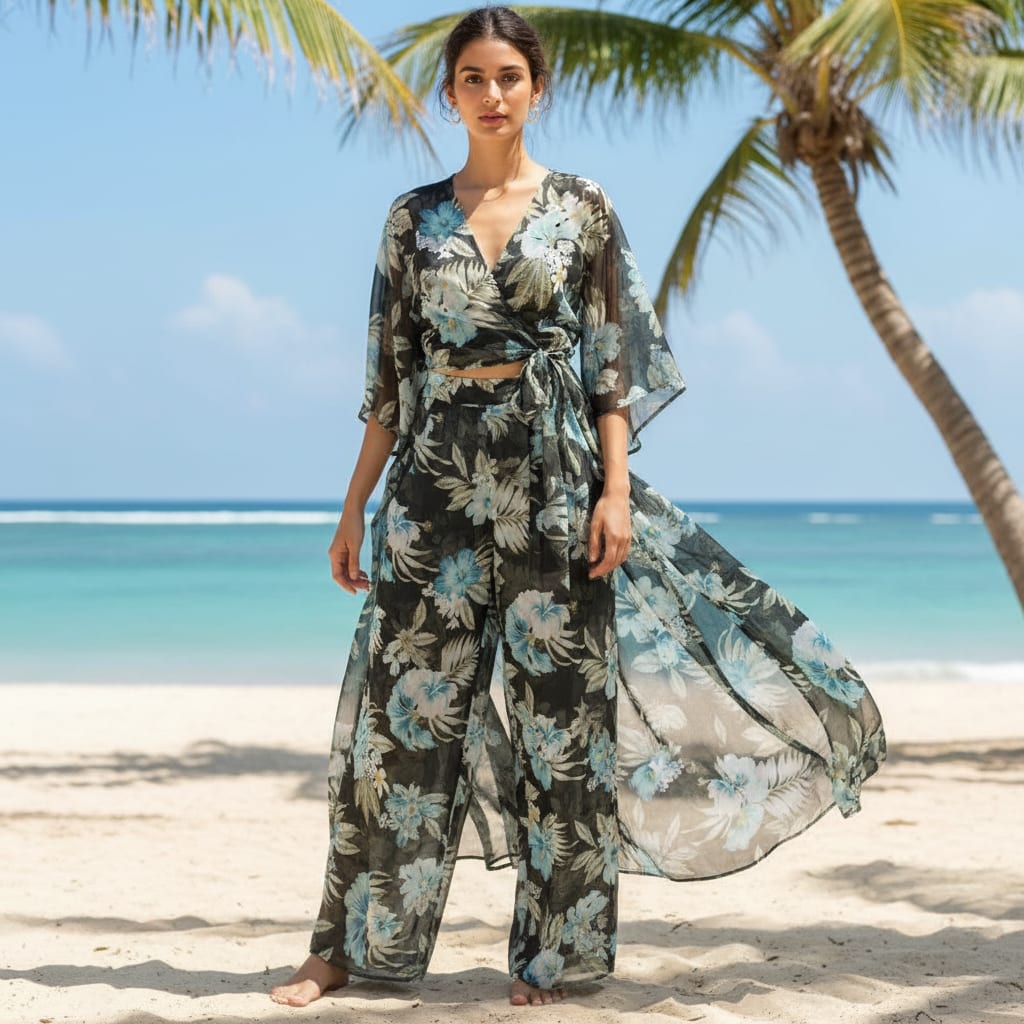 Black Organza with Blue & White Tropical Floral Print