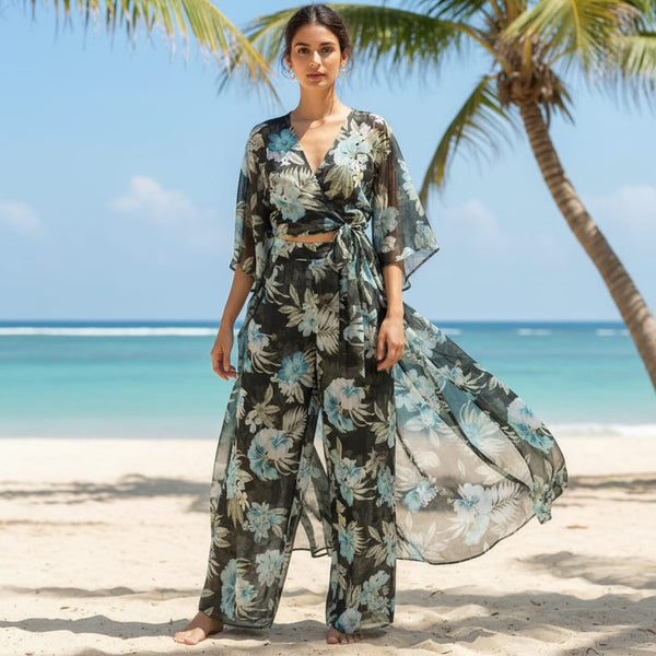 Black Organza with Blue & White Tropical Floral Print - alternate view
