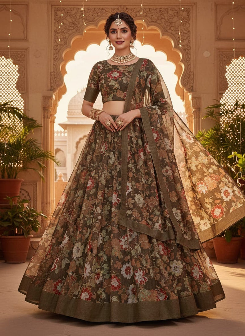 Vintage Japanese Floral Print Organza Fabric in Brown - Lehenga Choli Lookbook - OR-0-TA05266-110